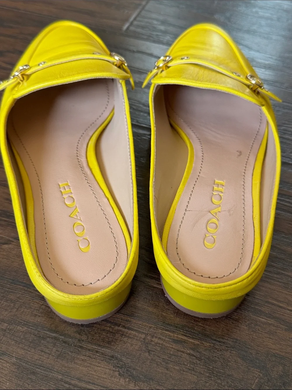 COACH Buttercup Yellow Leather Slip-On Mules with Gold Hardware - Picture 7 of 13